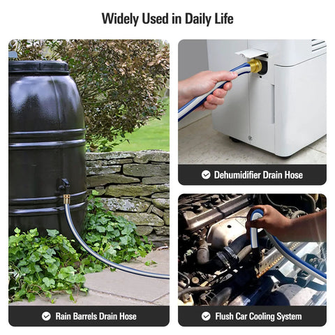 Garden hose collage: blue flexible hose at rain barrel, dehumidifier drain connection, and car engine cooling system.