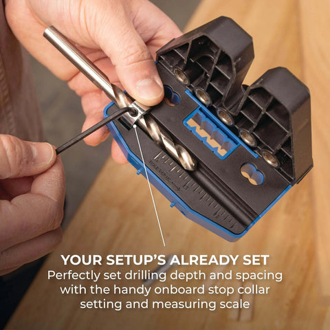 Doweling Jig Kit With Removable Drill Guides For Cabinets And Benchtop Projects in use, highlighting measurement features