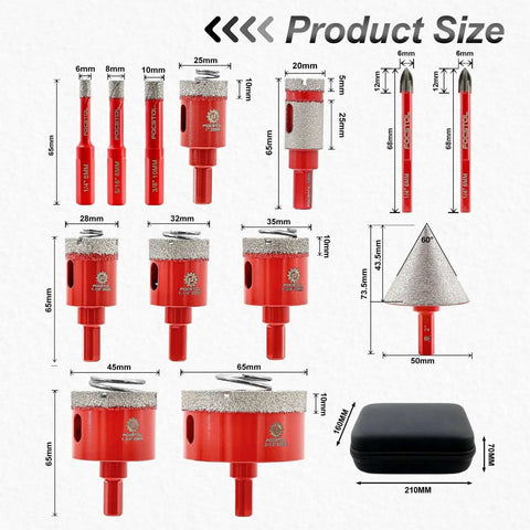 Diamond Core Drill Bit Set For Porcelain And Ceramic Tile, 13 Piece Kit with sizes and case shown, includes triangle shank bits.