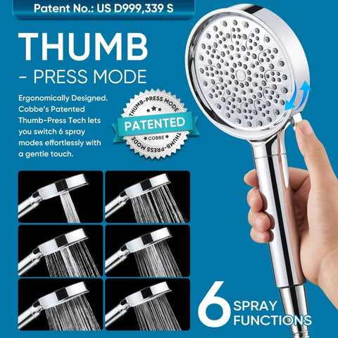 Filtered Shower Head With Handheld 6 Spray Modes Chlorine Removal showing 6 spray functions and thumb-press mode