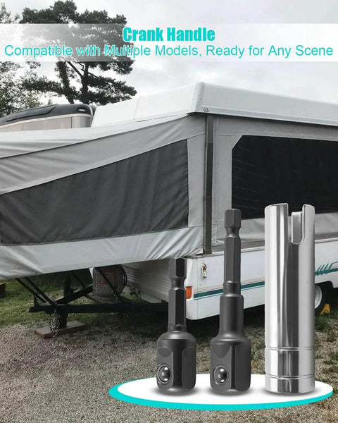 Crank Handle Adapter For Coleman Fleetwood Pop Up Campers with 3/8 inch socket drill attachment, shown by trailer jack lift and camper.