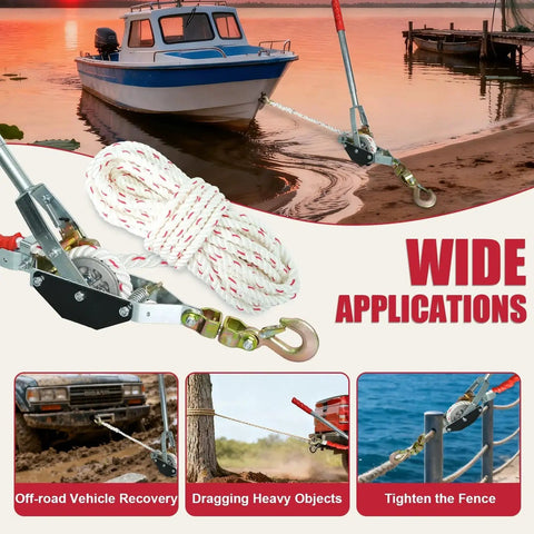 One and a Half Ton Rope Puller With 50 Ft 0.6 In Rope Two Hook Come Along Winch used for various applications