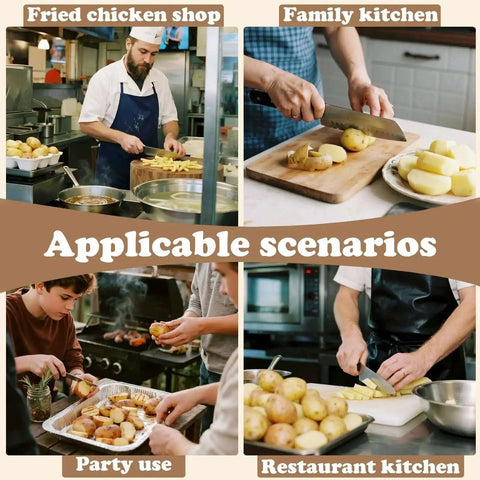 Four kitchen scenarios showing people slicing and preparing potatoes and veggies, using a crinkle cutter and other kitchen tools.