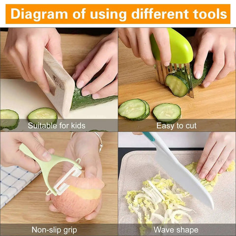 Diagram showing 8 Piece Wooden Kids Kitchen Knife Set For Real Cooking Including 4 Plastic Toddler Safe Knives Crinkle Cutter Y Peeler Cutting Board Resistant Gloves And More For Veggies Fruit Bread And Cake in use, demonstrating different cutting tools.