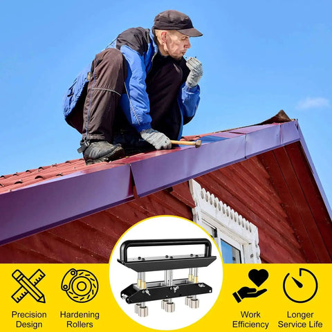 Roofer using Three Station Edge Roller Bender for sheet metal on a roof, showing tool for 0 to 90-degree bends, pro grade build.