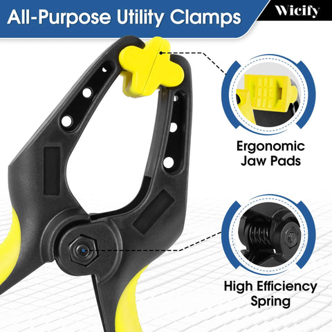 6-Inch heavy-duty plastic spring clamp, pack of 4, yellow and black, 3-inch mouth opening for woodworking