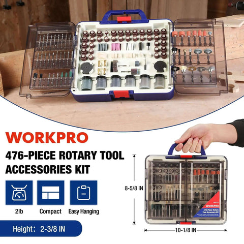 All Purpose Rotary Tool Accessories Kit With 476 Pieces For Cutting Sanding Grinding Carving Polishing Drilling Engraving Includes Sanding Papers And Bands Flap Wheels Cut Off Wheels Diamond Wheel Brushes And More Pro Grade WORKPRO in an open case with various bits shown.