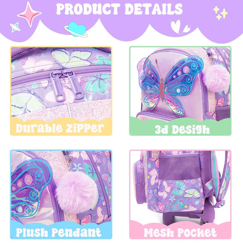Girls Rolling Backpack With Wheels For Kids Ages 5 To 12, 3D Butterfly Design, plush pendant, durable zipper, mesh pocket, Meetbelify