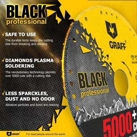 5 Inch Diamond Cut Off Wheel For Angle Grinder Pro Grade Long Life Metal Cutting Disc Dry Cut Heavy Duty For Steel Rebar Iron Aluminum Pipes And Sheet Metal Over 5000 Cuts, featuring yellow and black design with plasma soldering and durability highlights
