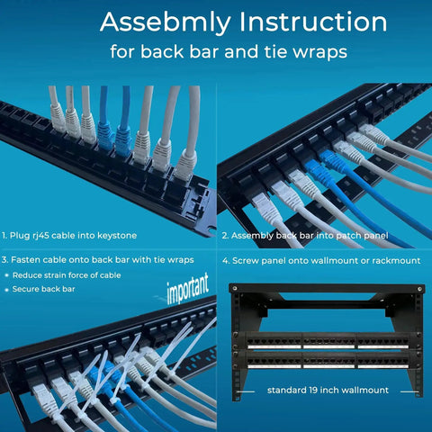 Assembly instructions for 24 Port Cat6 Patch Panel With Inline Keystone 10G Support Plug And Play Ready Pass Through Coupler UTP 19 Inch 1U Network Panel For Cat6 Cat5e And Cat5 Cabling Removable Back Bar.