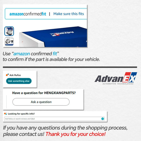 Image showing Amazon confirmed fit information, customer question section, and AdvanEX branding for part compatibility check.