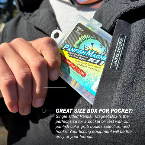 Person placing Panfish Magnet Kit With Longer Shad Dart Hook, 82 Piece Lure Set in pocket, showing compact size.