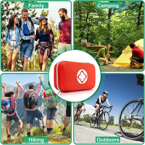 Car First Aid Kit 275 Piece Grab And Go Survival Gear for Travel and Home, shown with camping, hiking, and outdoor scenes.