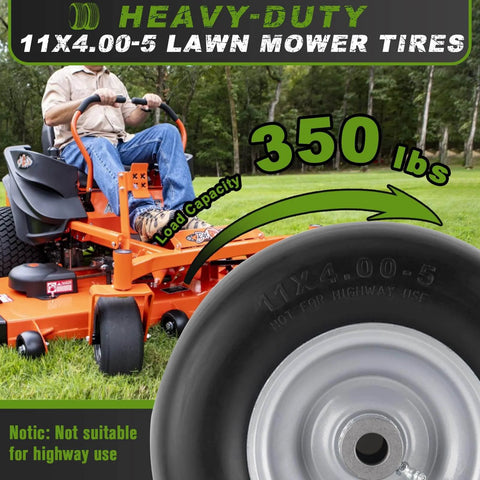 Flat Free 11x4.00-5 Lawn Mower Front Tires For Zero Turn Mowers With Solid Smooth Tread, showing tire in use on mower