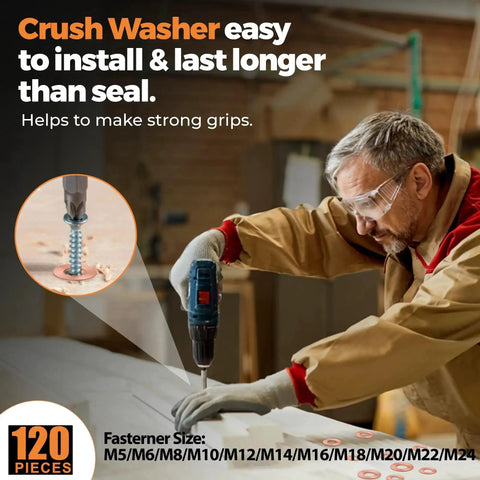 Man installing crush flat copper washers set with 120 pieces in 15 metric sizes M5 to M24 for automotive and plumbing use.