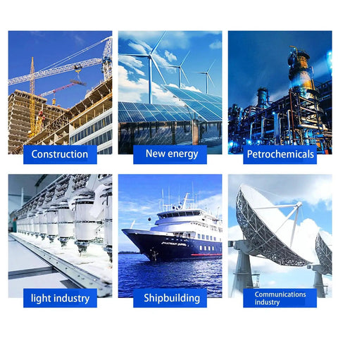 Image collage featuring industries: construction, new energy, petrochemicals, light industry, shipbuilding, and communications.