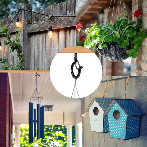 Collage showing 36 Piece Q Hanger Hooks With Safety Buckle used outdoors with string lights and hanging plants, demonstrating windproof use.