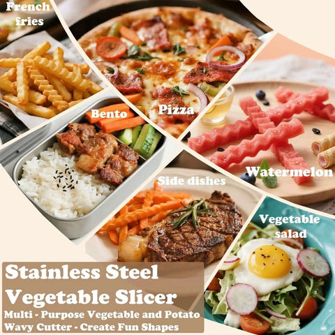 Large Potato Crinkle Cutter for Potatoes and Veggies Stainless Steel Waffle Fry Slicer shown with sliced foods like fries and pizza