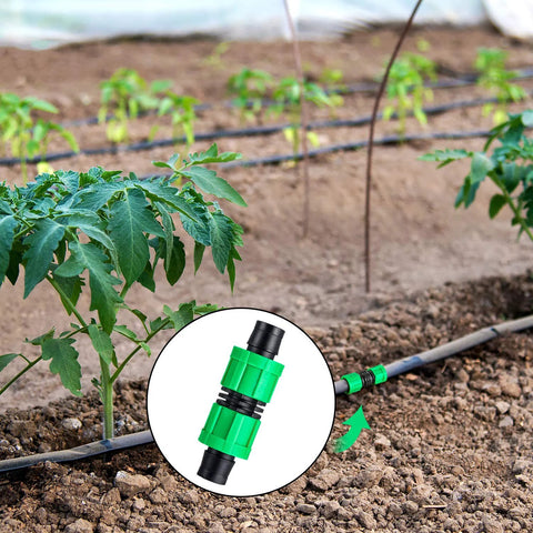 Drip irrigation coupling, 12-piece set, green plastic inline fittings for 5/8 in tubing 16–17 mm compatible.