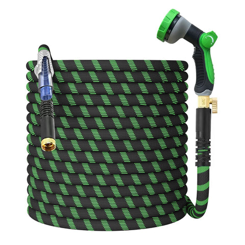 Non-expanding garden hose, 100 ft, black and green fabric hose with brass connectors and a green jet nozzle.