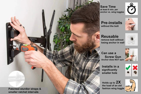 Man installing SnapToggle Be Toggle Anchor Zinc Plated Steel Channel for 3/8 to 2-1/2 Grip Range in hollow walls using screw gun