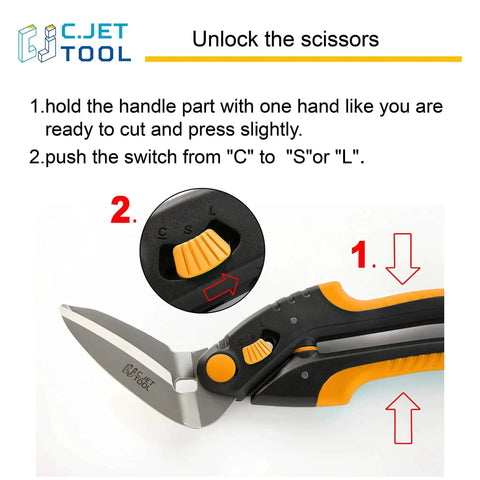 Close-up of C.JET TOOL Workhorse Heavy Duty 10 Inch Multipurpose Scissors, showing ergonomic handle and locking mechanism.