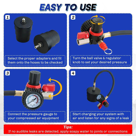 Easy-to-use guide for Beefed-Up Turbo System Leakage Tester Kit For Auto Turbo Boost Leaks with adapters and gauge.