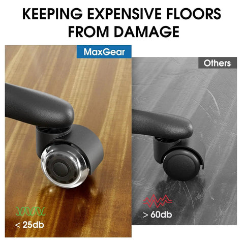 Comparison of 2 Inch Replacement Office Chair Caster Wheels With Soft Mute Rollers on wood and tile floors showing noise levels.