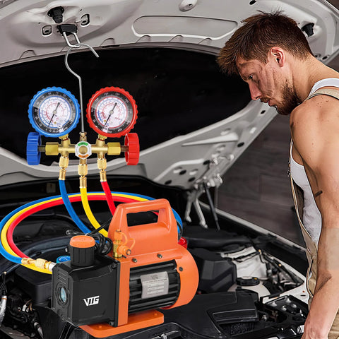 VTG VOGTEN 4.5 CFM vacuum pump set with dual gauges, orange pump, and three colored hoses under car hood.