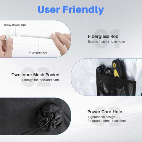 User-friendly features of fireproof and dustproof 3D printer enclosure for Neptune and Ender models with mesh pockets and power cord hole.