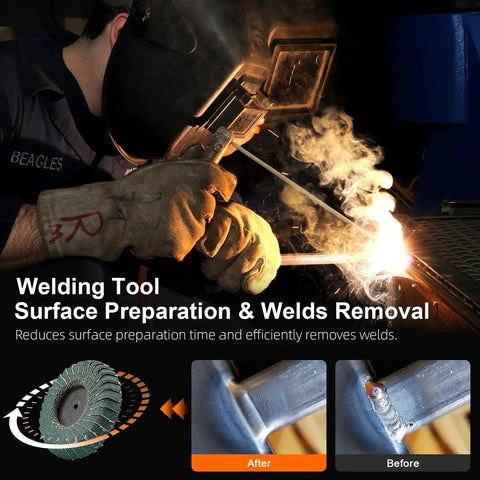 Welding with 12Pcs Pro Grade Heavy Duty Mixed Curved Flap Discs Set for weld seam cleanup, shown with before and after results.