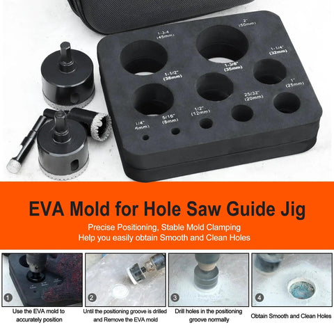 10 Piece Serrated Diamond Hole Saw Set One Quarter Inch To Two Inch Core Drill Bits For Porcelain Tile Glass Ceramic Stone Granite Marble With EVA Guide Jig And Tough Hardened Steel Body