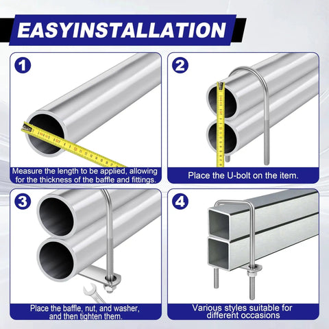 Easy installation steps for Heavy Duty M8 U Bolts Set Of 4 1-3/4 Inch Wide 4-1/4 Inch Long Stainless 304 Grade with frame plates.
