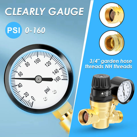 AOLINK RV water pressure regulator valve with gauge, brass body, adjustable 0-160 psi, 3/4 garden hose threads