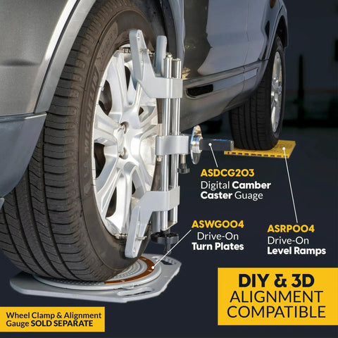Low Profile Wheel Alignment Turn Plates For At Home Diy Car Alignment Kit With Four Ton Capacity Per Plate And Brass Dial Measurements Plus Bonus Accessories From AutoSolo showing tire on turn plate.