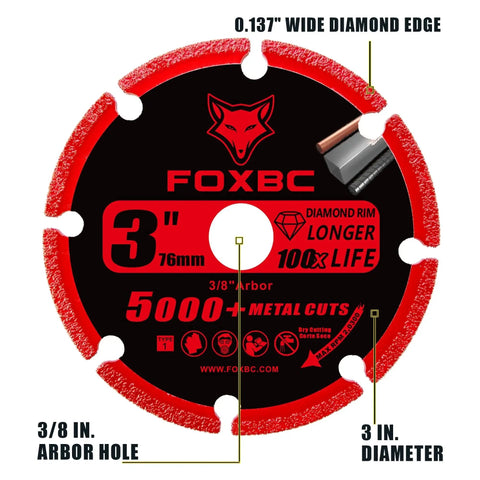 3 Inch Diamond Cut Off Wheel Set For Metal Cutting With 5000 Plus Life On Rebar Stainless Steel Angle Iron Cast Iron Aluminum Pipes Sheet Metal Three Eighths Inch Arbor 3 Pack FOXBC with label details and measurements.