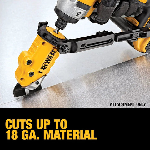 Beefy Heavy Duty Metal Shear Drill Attachment With 360 Degree Pivoting Head For Cutting 18 Gauge Metal And More Like Sheet Metal Duct Shingles Vinyl Siding Cardboard And Rubber Using Your 18V To 20V Drill Impact Ready One Quarter Inch Hex Shank DeWalt cutting metal sheet