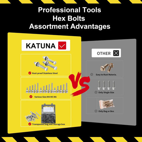 Comparison chart of KATUNA's Must Have 616 Piece Metric Bolt And Nut Set In 304 Stainless Steel showing rust-proof features vs others.