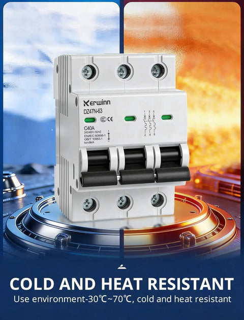 Front view of Three Pole Miniature Circuit Breaker 240V 480V AC 50A Thermal Magnetic Trip Smart Circuit Breaker AC Disconnect Switch DIN Rail Mount with Visualization Window Flame Retardant Shell for Overload and Short Circuit Protection.