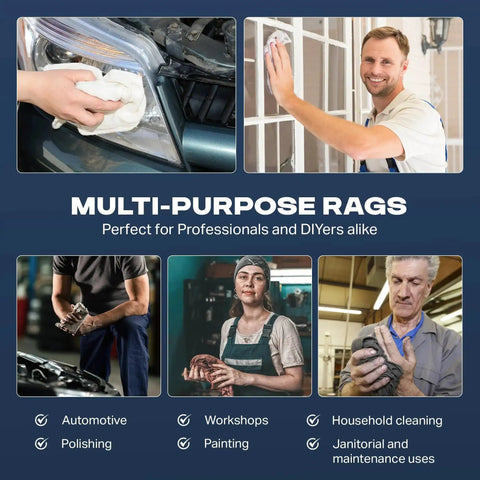 Collage showing uses of Bulk 25Lb Box Of Recycled Cotton Knit Shop Rags With Multi Color Low Lint Cleaning Rags For Mechanics And Auto Shops.