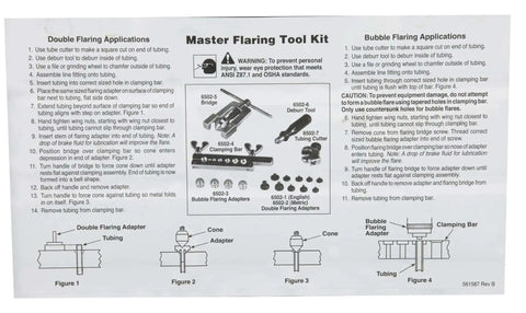 Instructions for 6502 Master Brake Flaring Tool Kit For DIYers, showing usage for single, double, and bubble flares with diagrams.