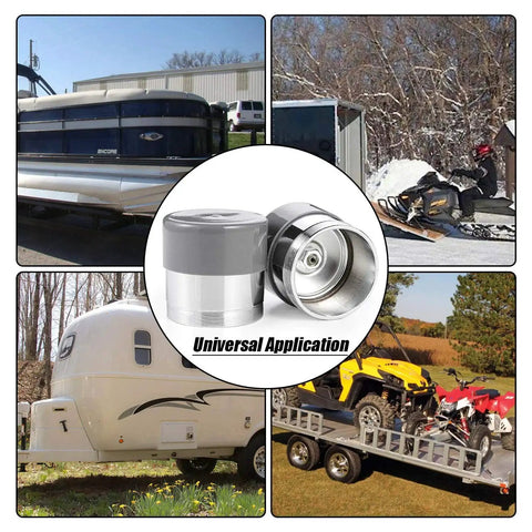 Collage of trailers with central image of 1.98 Inch Bearing Protectors With Chromed Protective Bras For Trailer Wheels, Universal Fit 2 Pack.