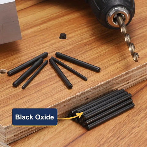 15 Pack 4mm By 30mm Black Oxidized Dowel Pins 304 Stainless Steel Cylindrical Shelf Pegs on wooden surface