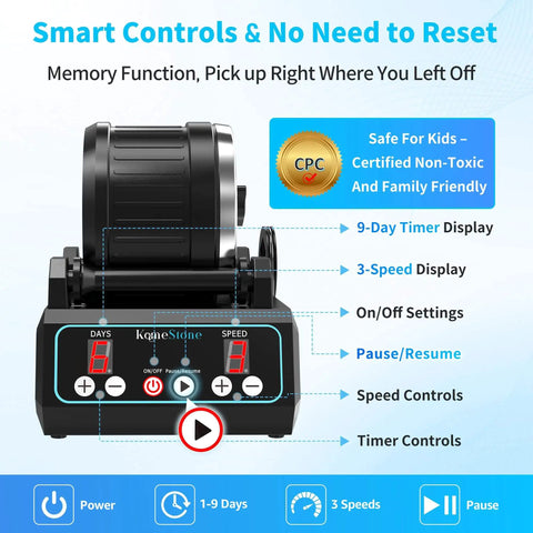 Pro Grade Brushless Rock Tumbler Polisher Kit with 2.5Lb Large Barrel, front view showing controls and digital display