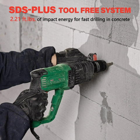 Powerful 1 inch SDS-Plus lightweight rotary hammer drill with a 9 Amp motor drilling concrete wall