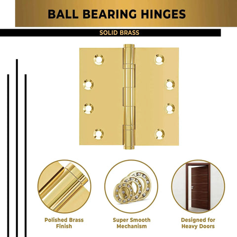 Solid Brass Ball Bearing Door Hinges Heavy Duty 4.5 x 4.5 Inch Polished Gold Finish Set Of 12 Hinges for smooth door operation image