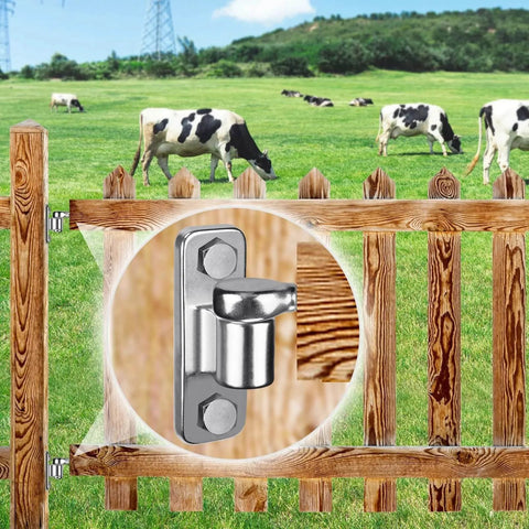304 Stainless Steel Gate Hinges 4 Pack Wall Mount Hinge installed on wooden farm gate with cows in background