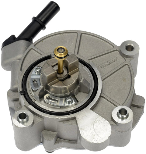 Front view of Dorman 904-858 vacuum pump, silver cast aluminum housing with brass shaft and black inlet