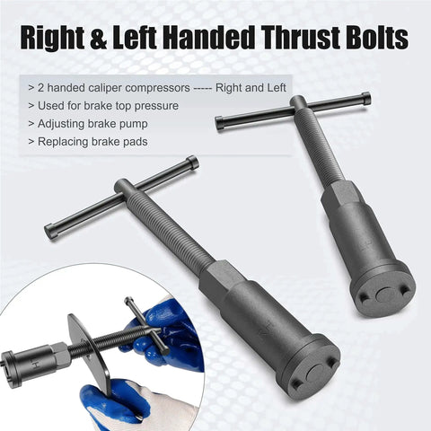 Right and left handed thrust bolts from Must Have Universal Disc Brake Caliper Wind Back Tool And Piston Compression Set 26 Piece Blue Kit