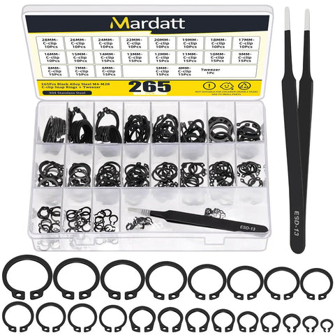 266 Piece External Retaining Rings Kit With 21 Sizes M4 To M28 Circlip Snap Rings Retainer Rings And Tweezers visible in box